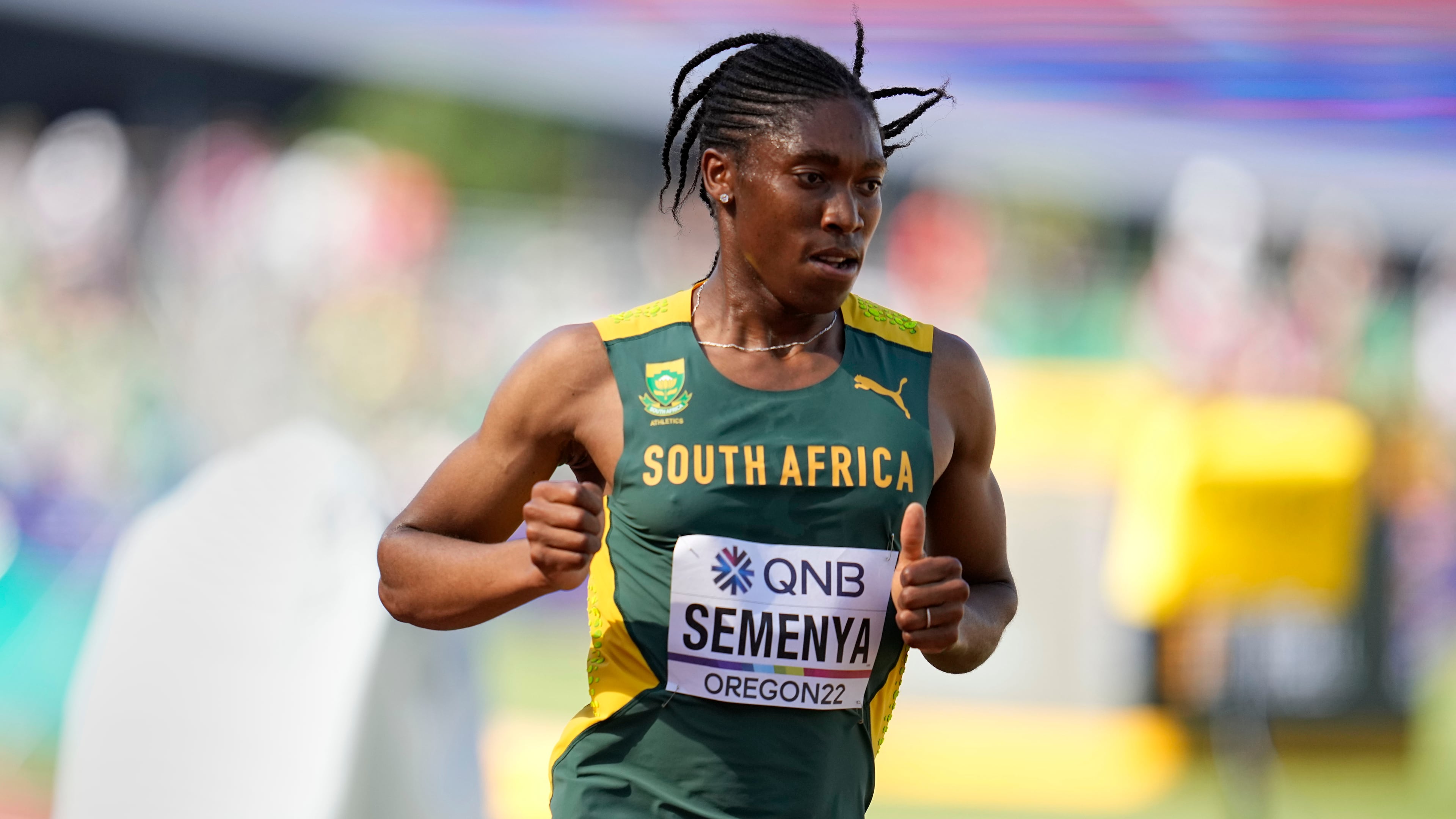 FILE - Caster Semenya, of South Africa, competes during a heat in the women's 5000-meter run at the World Athletics Championships on July 20, 2022, in Eugene, Ore. (AP Photo/Ashley Landis, File)