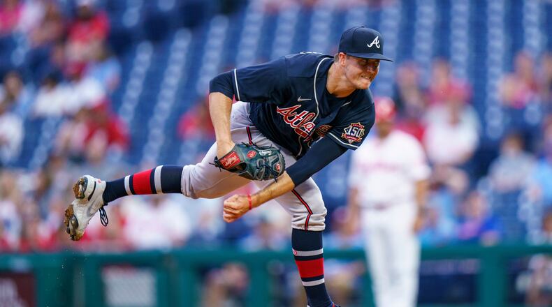 Atlanta Braves starting pitcher Tucker Davidson follows through during the first inning of the team's baseball game against the Philadelphia Phillies, Wednesday, June 9, 2021, in Philadelphia. (AP Photo/Chris Szagola)