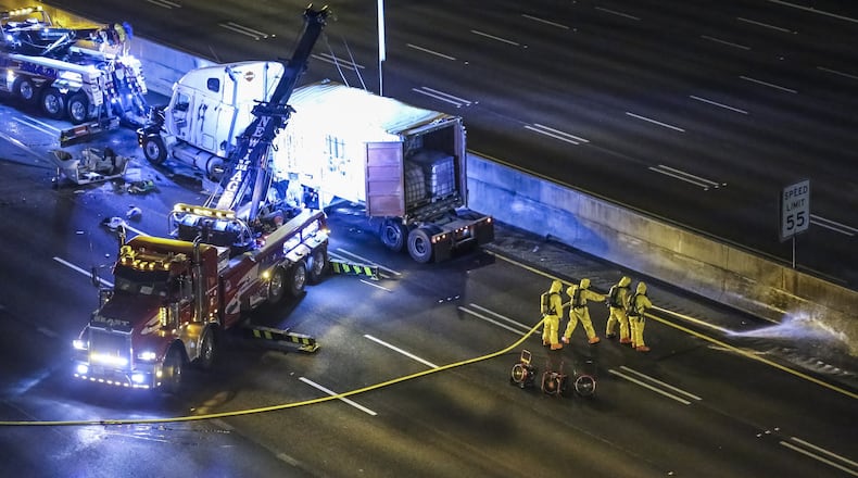 April 17, 2017 Atlanta: Barely two weeks after the I-85 fire and bridge collapse, metro Atlanta woke up Monday, April 17, 2017 to another traffic nightmare: a chemical spill on the Downtown Connector that blocked both sides of the interstate for hours. JOHN SPINK /JSPINK@AJC.COM