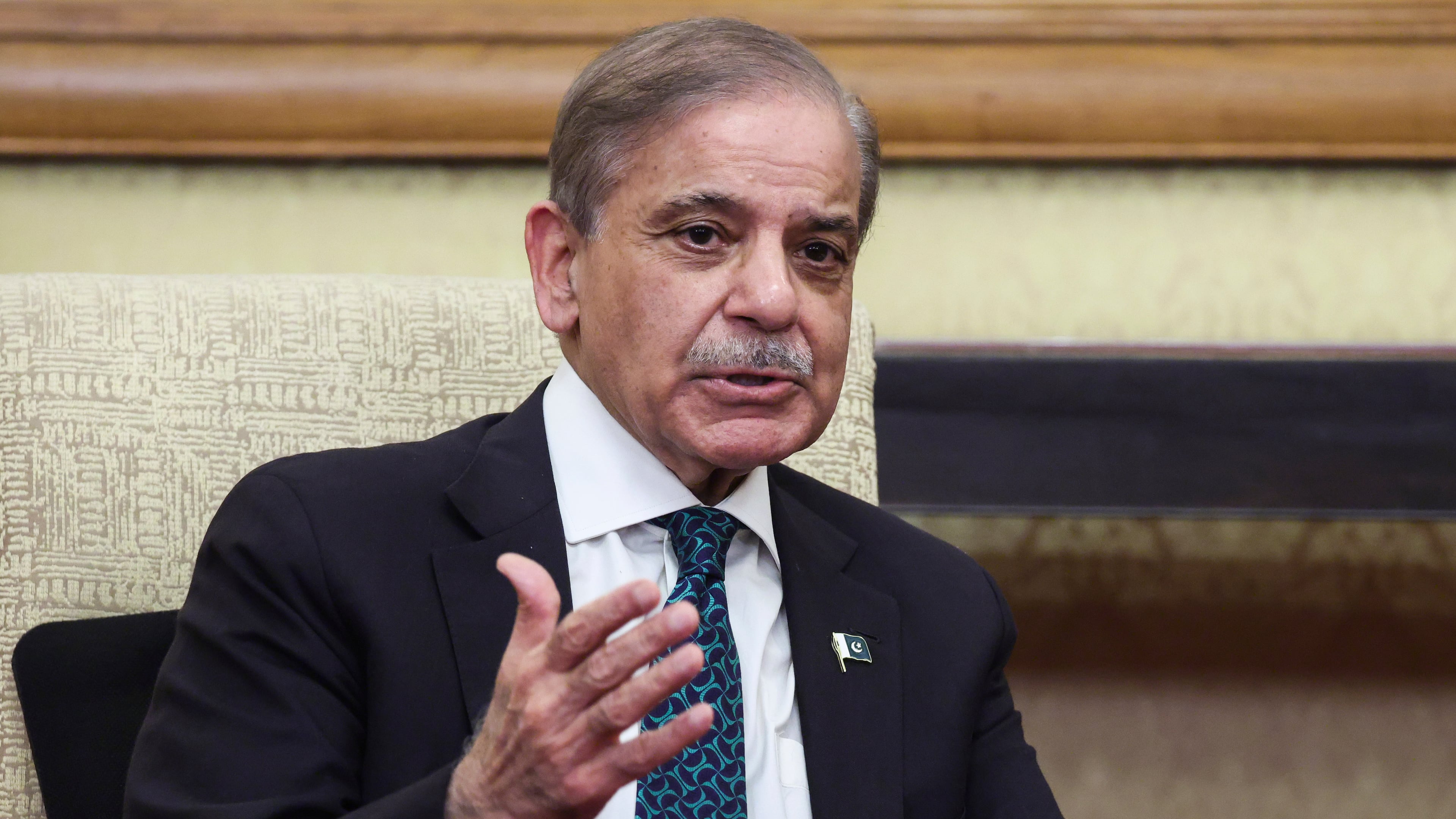Pakistan's Prime Minister Shehbaz Sharif meets with Russian President Vladimir Putin, not pictured, at Diaoyutai State Guesthouse in Beijing, China, Tuesday, Sept 2, 2025. (Maxim Shemetov/Pool Photo via AP)