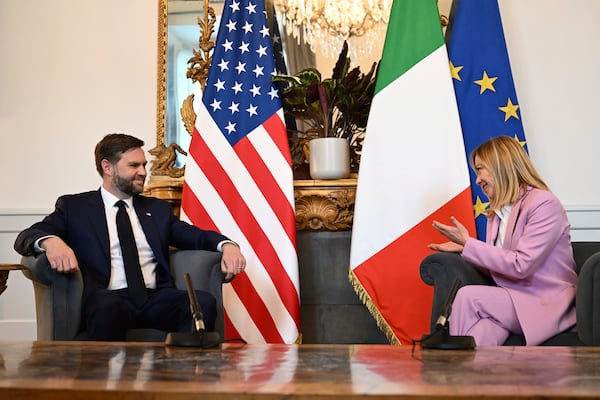 U.S. Vice President JD Vance meets with Italian Prime Minister Giorgia Meloni at Chigi Palace in Rome, Italy, Friday April 18, 2025. (Kenny Holston/The New York Times via AP, Pool)