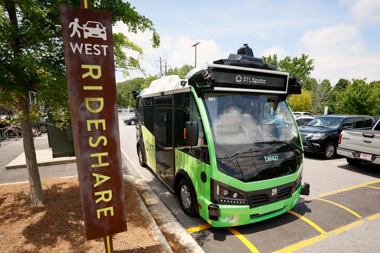 ATL Spoke, an autonomous pilot bus program, arrives at the Lee + White District on Monday, June 1, 2026. The initial route links the Beltline Southwest Trail with MARTA Rail. There are stops at MARTA West End Station, Joseph E. Lowery Blvd at Beecher Street, and two stops within the Lee + White district. (Miguel Martinez/AJC)