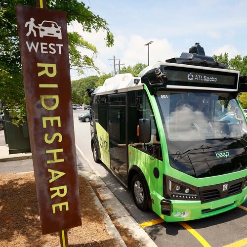 ATL Spoke, an autonomous pilot bus program, arrives at the Lee + White District on Monday, June 1, 2026. The initial route links the Beltline Southwest Trail with MARTA Rail. There are stops at MARTA West End Station, Joseph E. Lowery Blvd at Beecher Street, and two stops within the Lee + White district. (Miguel Martinez/AJC)