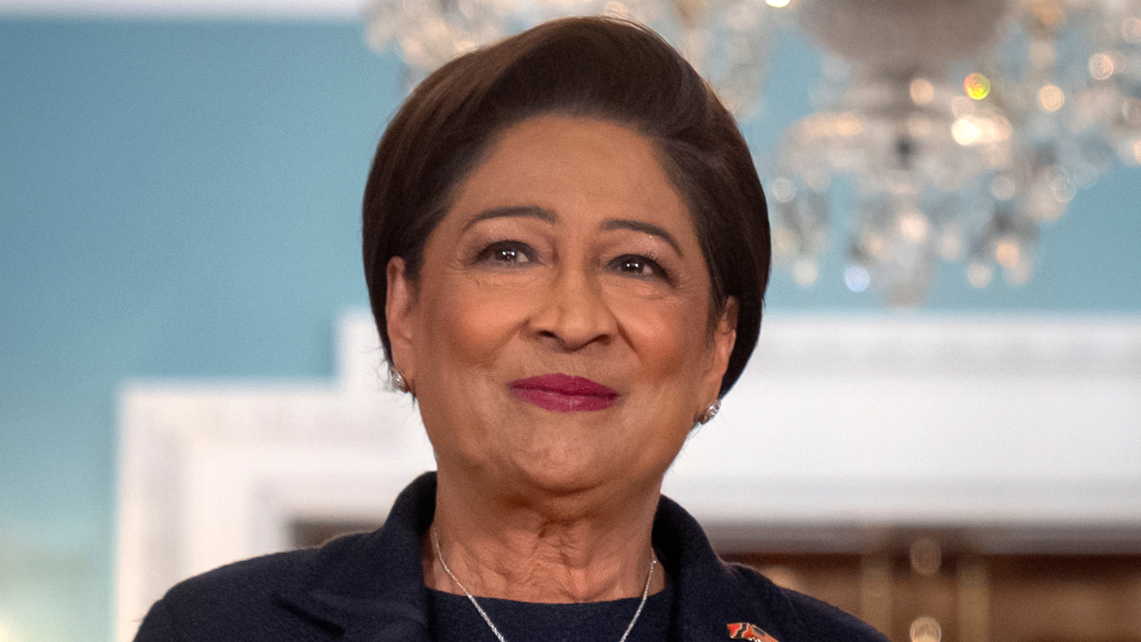 FILE - Trinidad and Tobago Prime Minister Kamla Persad-Bissessar stands at the State Department in Washington, Sept. 30, 2025. (AP Photo/Mark Schiefelbein, File)