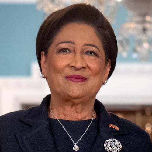 FILE - Trinidad and Tobago Prime Minister Kamla Persad-Bissessar stands at the State Department in Washington, Sept. 30, 2025. (AP Photo/Mark Schiefelbein, File)