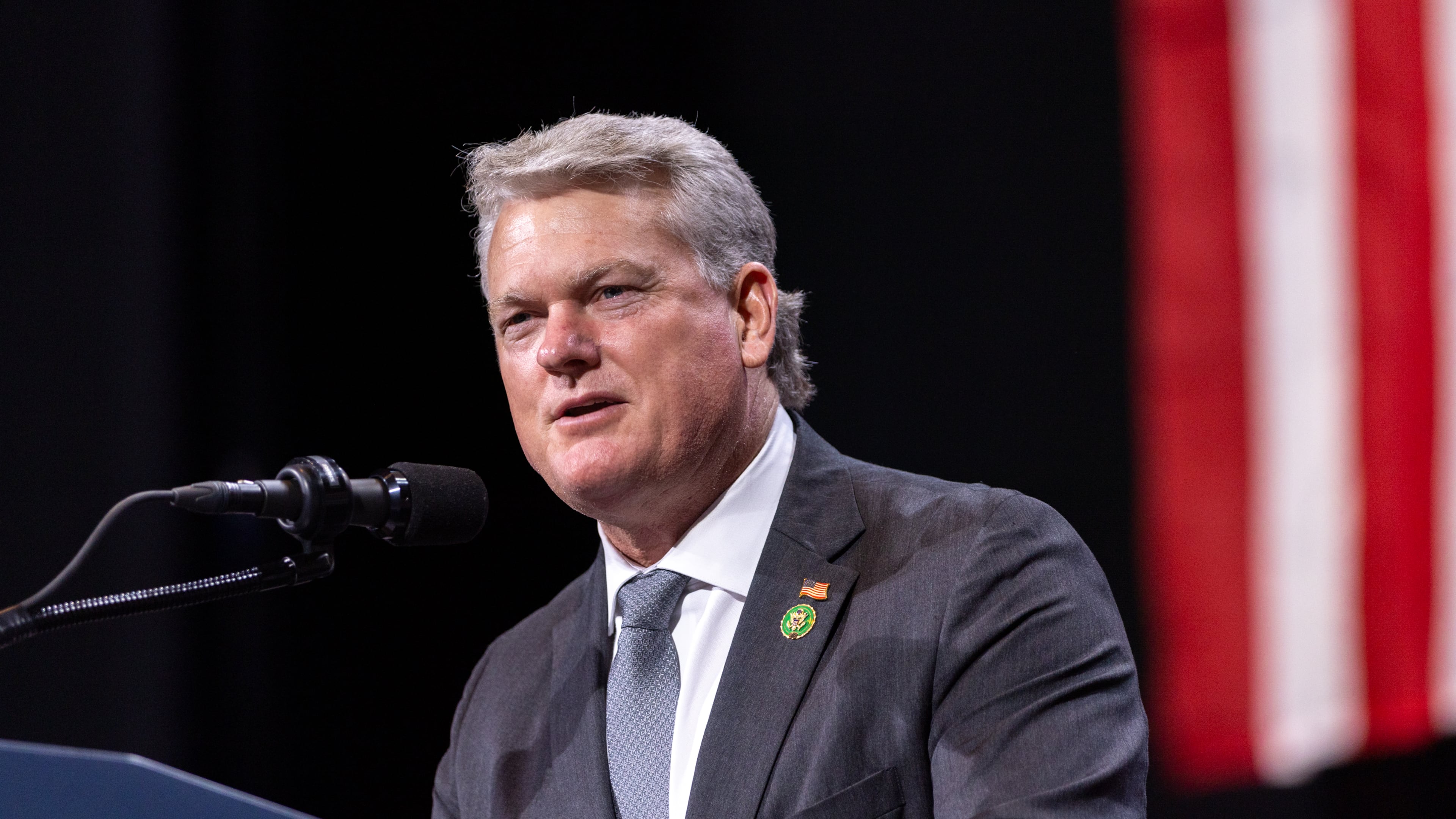 U.S. Rep. Mike Collins, R-Jackson, who has launched a bid for U.S. Senate, speaks at Donald Trump’s rally at Cobb Energy Performing Arts Center on Tuesday, October 15, 2024. (Arvin Temkar/AJC 2024)