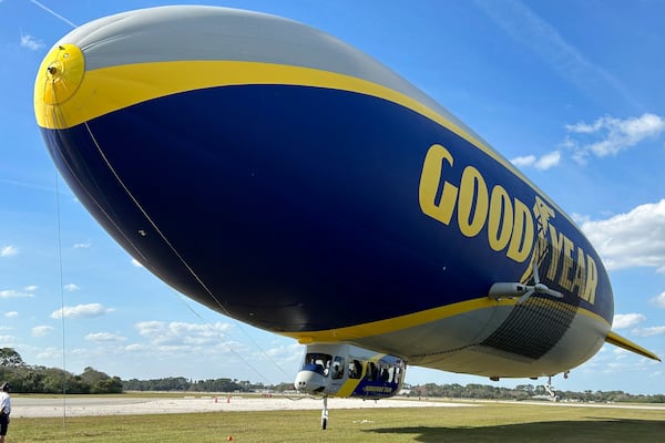 FILE - The Goodyear Blimp is prepared for takeoff, Wednesday, Feb. 12, 2025, in New Smyrna Beach, Fla. (AP Photo/Mark Long, File)