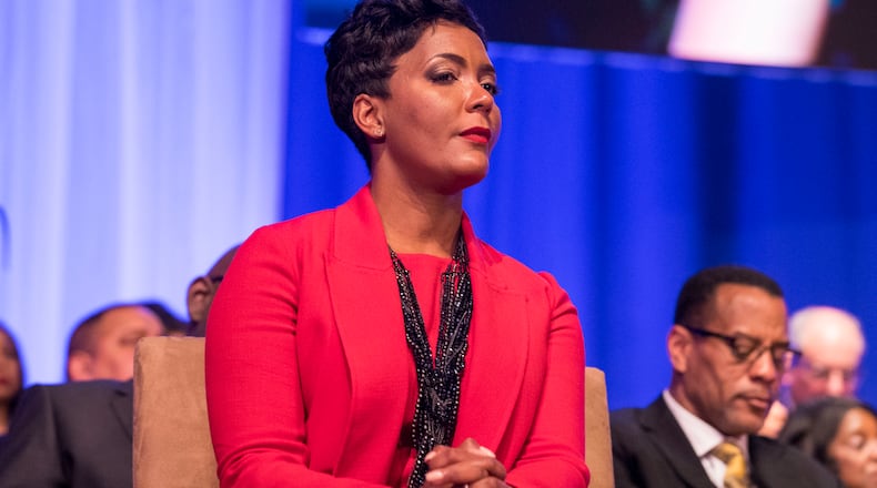 Atlanta Mayor Keisha Lance Bottoms listens to speakers during the Atlanta mayoral inauguration at Martin Luther King, Jr. International Chapel at Morehouse College in January. ALYSSA POINTER/ALYSSA.POINTER@AJC.COM