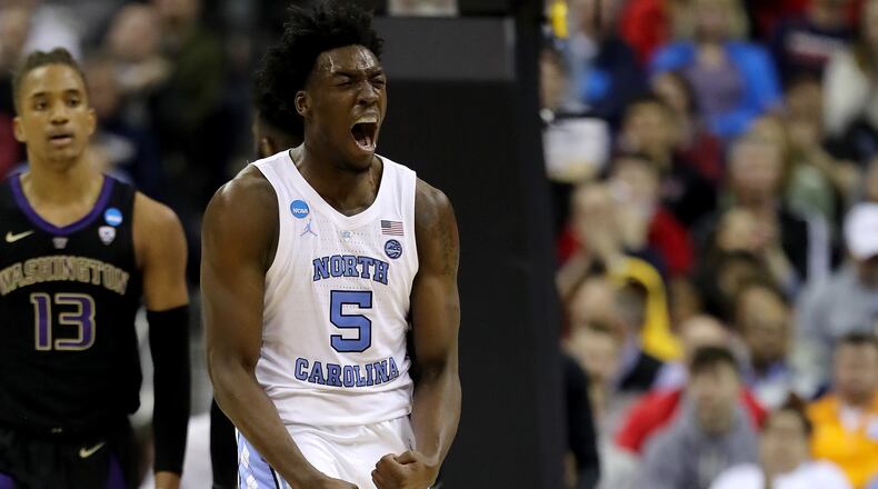 Nassir Little of the North Carolina Tar Heels reacts after dunking the ball against the Washington Huskies during their game in the Second Round of the NCAA Basketball Tournament at Nationwide Arena on March 24, 2019 in Columbus, Ohio. (Photo by Elsa/Getty Images)