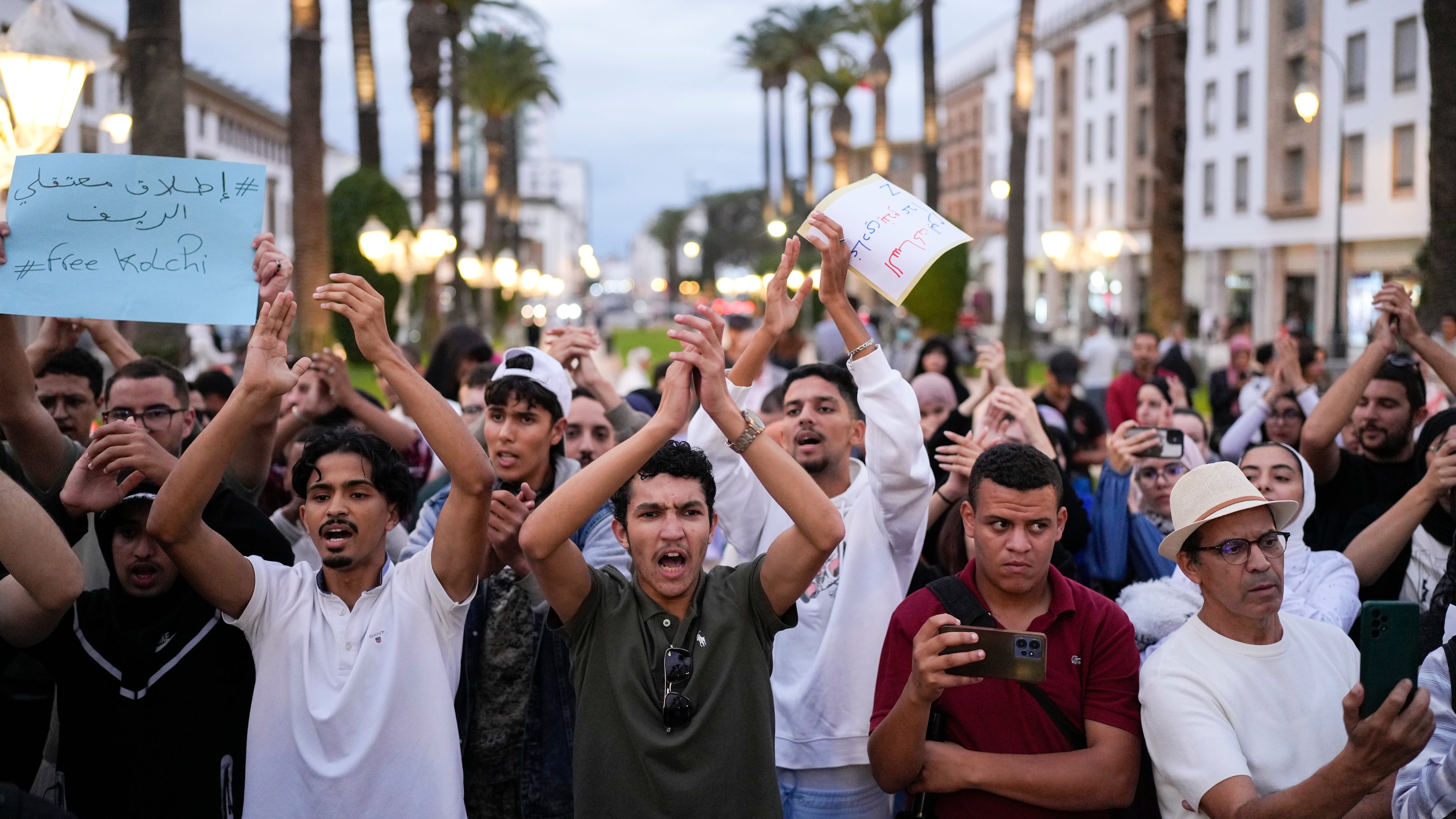 People take part in a youth-led protest against corruption and calling for education and healthcare reforms, in Rabat, Morocco, Thursday, Oct. 9, 2025. (AP Photo/Mosa'ab Elshamy)