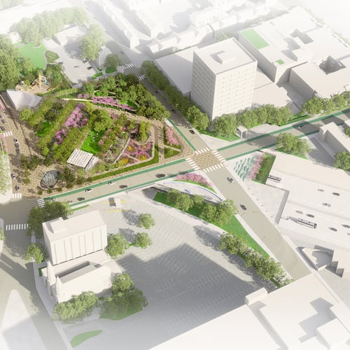 This is an aerial rendering of the first phase of the Stitch in downtown Atlanta. It was unveiled Wednesday, Oct. 22, 2025, during the inaugural Downtown Day hosted by Central Atlanta Progress and the Atlanta Downtown Improvement District. (Courtesy of Atlanta Downtown Improvement District)