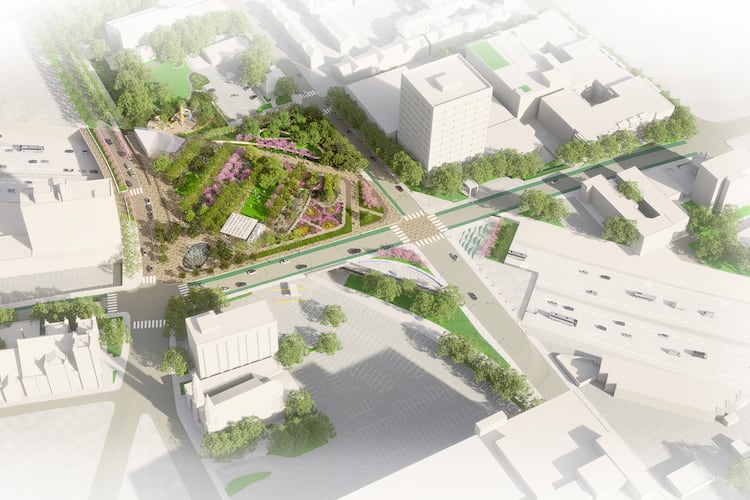 This is an aerial rendering of the first phase of the Stitch in downtown Atlanta. It was unveiled Wednesday, Oct. 22, 2025, during the inaugural Downtown Day hosted by Central Atlanta Progress and the Atlanta Downtown Improvement District. (Courtesy of Atlanta Downtown Improvement District)