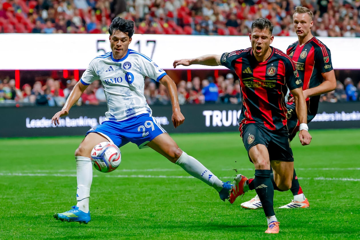 CF Montreal forward Olger Escobar shoots on goal against Atlanta United defender Enea Mihaj (right) during the second half of an MLS soccer match, Saturday, May 2, 2026, in Atlanta. (Erik S. Lesser/AP)