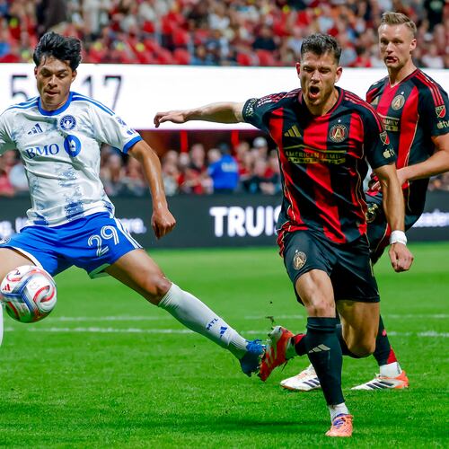 CF Montreal forward Olger Escobar shoots on goal against Atlanta United defender Enea Mihaj (right) during the second half of an MLS soccer match, Saturday, May 2, 2026, in Atlanta. (Erik S. Lesser/AP)