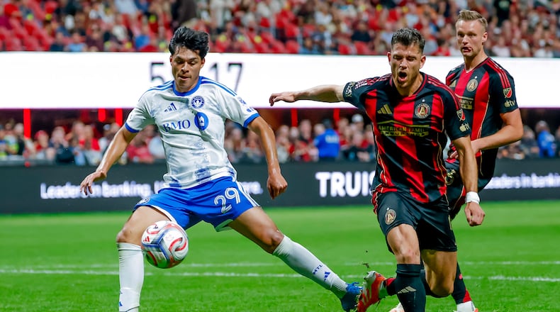 CF Montreal forward Olger Escobar shoots on goal against Atlanta United defender Enea Mihaj (right) during the second half of an MLS soccer match, Saturday, May 2, 2026, in Atlanta. (Erik S. Lesser/AP)