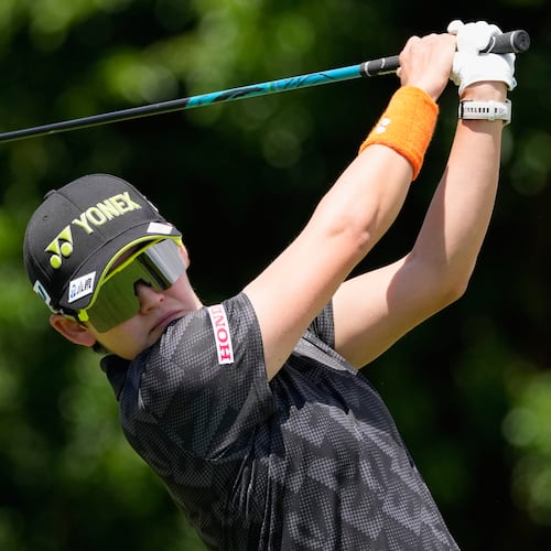 Aki Iwai, of Japan, drives from the 10th tee during the second round of the Women's PGA Championship golf tournament, Friday, June 26, 2026, in Chaska, Minn. (AP Photo/Chris Carlson)