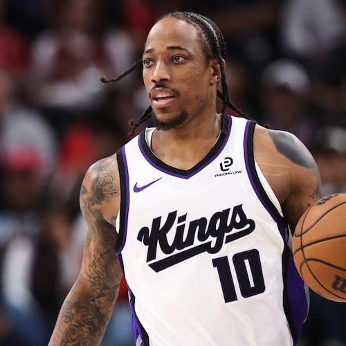 FILE - Sacramento Kings guard DeMar DeRozan dribbles downcourt during the first half of an NBA basketball game against the Los Angeles Clippers, March 14, 2026, in Inglewood, Calif. (AP Photo/Jessie Alcheh, File)