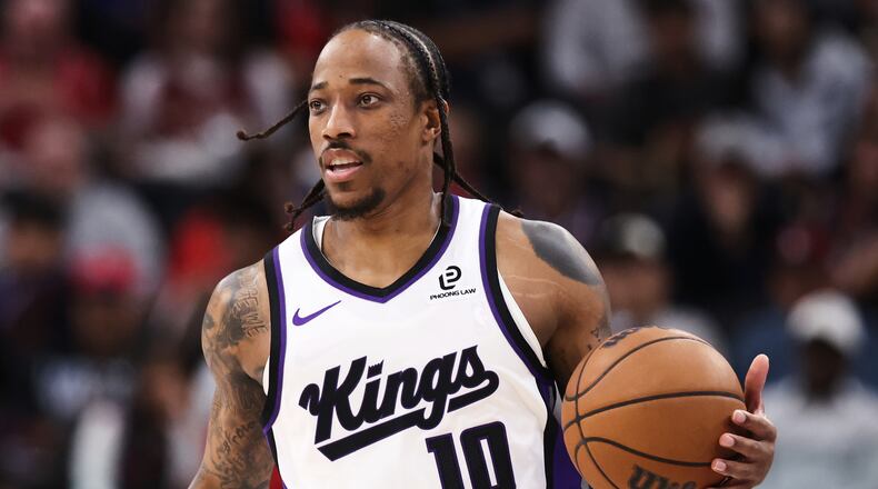 FILE - Sacramento Kings guard DeMar DeRozan dribbles downcourt during the first half of an NBA basketball game against the Los Angeles Clippers, March 14, 2026, in Inglewood, Calif. (AP Photo/Jessie Alcheh, File)