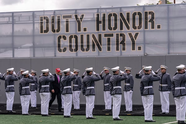President Donald Trump arrives for the U.S. Military Academy commencement ceremonies in West Point, N.Y., Saturday, May 24, 2025. (AP Photo/Adam Gray)