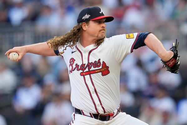 Atlanta Braves pitcher Grant Holmes (66) delivers in the sisxth inning of a baseball game against the Philadelphia Phillies, Wednesday, April 9, 2025, in Atlanta. (AP Photo/Mike Stewart)