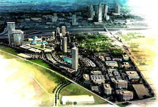 This early-stage rendering shows the initial vision of Atlantic Station as a live-work-play development. (AJC file photo)