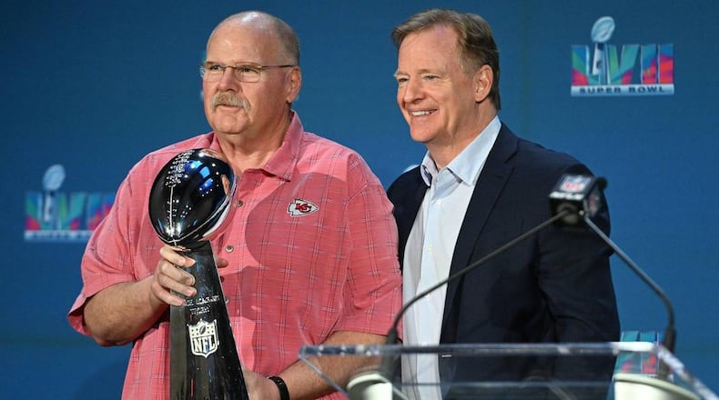 Chiefs coach Andy Reid (left) and NFL Commissioner Roger Goodell will have plenty to talk about in Phoenix during the annual owners meeting. (Rich Sugg/The Kansas City Star/TNS)