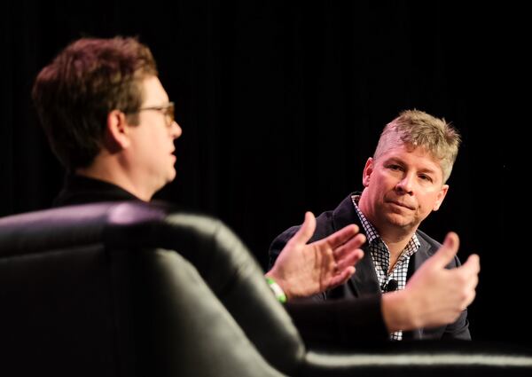 March 14, 2016 - Moderator, Danny Sullivan, founding editor, Search Engine Land, right, looks on as Biz Stone, CEO Jelly, discusses the topic, Accessing the Inaccessible: Evolving Search, during South by Southwest Interactive held in Austin, Texas, on Monday, March 14, 2016. RODOLFO GONZALEZ / AUSTIN AMERICAN-STATESMAN