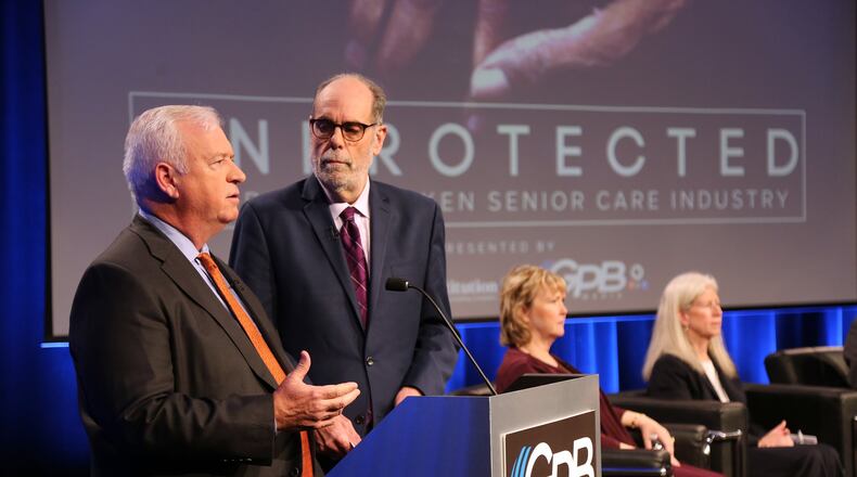 AJC Editor Kevin Riley (L) and Bill Nigut, host and executive producer of “Political Rewind” for Georgia Public Broadcasting, moderate a meeting of readers and community leaders to discuss the AJC’s investigation “Unprotected.” TYSON HORNE / TYSON.HORNE@AJC.COM
