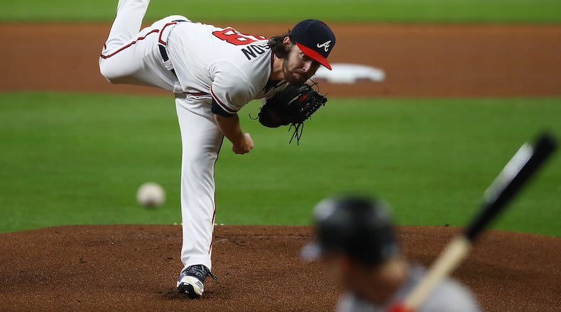 Braves pitcher Ian Anderson delivers against the Miami Marlins during the first inning in a MLB baseball game on Thursday, Sept. 24, 2020 in Atlanta.   “Curtis Compton / Curtis.Compton@ajc.com”