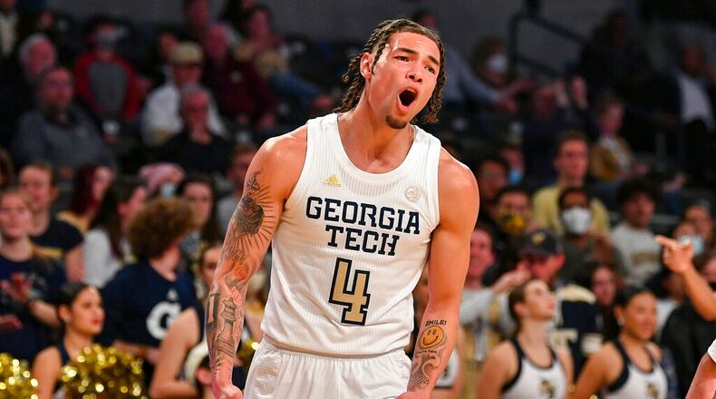 Georgia Tech guard Jordan Usher (4) reacts after making a three-pointer during the ACC college basketball game between the Florida State Seminoles and the Georgia Tech Yellow Jackets on January 26th, 2022 at Hank McCamish Pavilion in Atlanta, GA. (Photo by Rich von Biberstein/Icon Sportswire) (Icon Sportswire via AP Images)