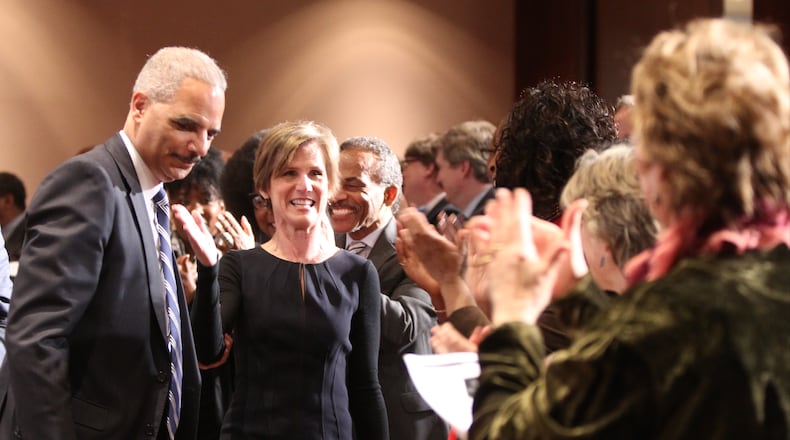 Former U.S. attorney general Eric Holder with former acting U.S. attorney general Sally Yates at the Carter Center in Atlanta in February. Henry Taylor, henry.taylor@ajc.com