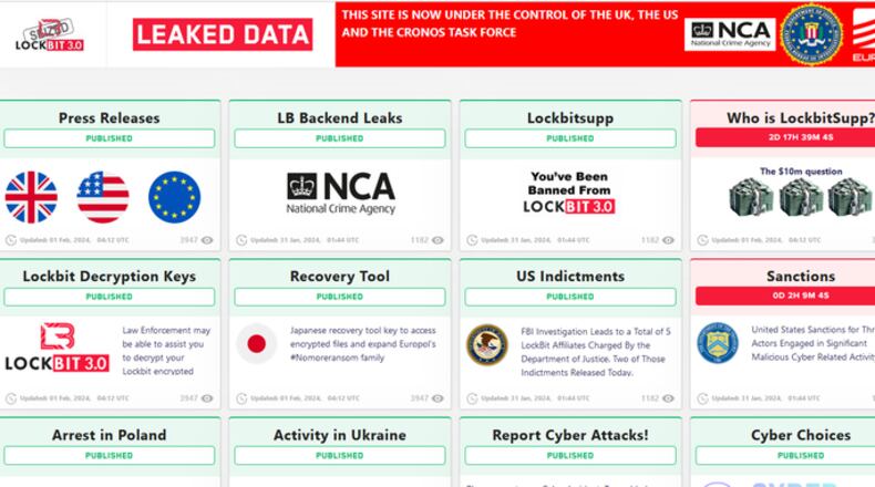 International law enforcement seized control Jan. 19, 2024, of ransomware group LockBit's site on the dark web, replacing it the next day with information on the operation, criminal charges against users, and tools to decrypt what LockBit had accessed. The hacking group claimed responsibility for the January 2024 attack on Fulton County, but the police action appears unrelated. LockBit had roughly 2,000 victims worldwide.
