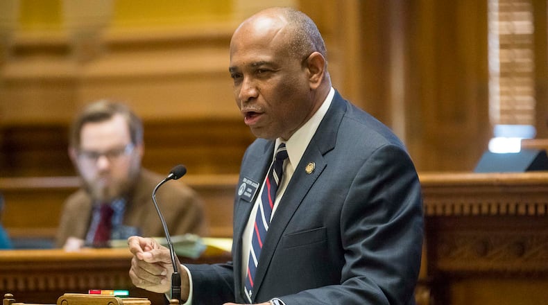 03/12/2020 -- Atlanta, Georgia -- Georgia State Sen. Lester Jackson, D - Savannah, speaks on behalf of SB 40 during the Georgia Legislatures Crossover day, Thursday, March 12, 2020. Senate Bill 40, which prohibits school officials from having sexual intercourse with students, passed the Senate.  (ALYSSA POINTER/ALYSSA.POINTER@AJC.COM)