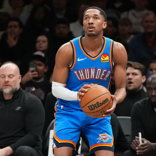 FILE - Oklahoma City Thunder's Aaron Wiggins (21) during the second half of an NBA basketball game against the Brooklyn Nets, March 18, 2026, in New York. (AP Photo/Frank Franklin II, File)