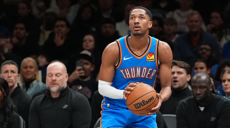 FILE - Oklahoma City Thunder's Aaron Wiggins (21) during the second half of an NBA basketball game against the Brooklyn Nets, March 18, 2026, in New York. (AP Photo/Frank Franklin II, File)