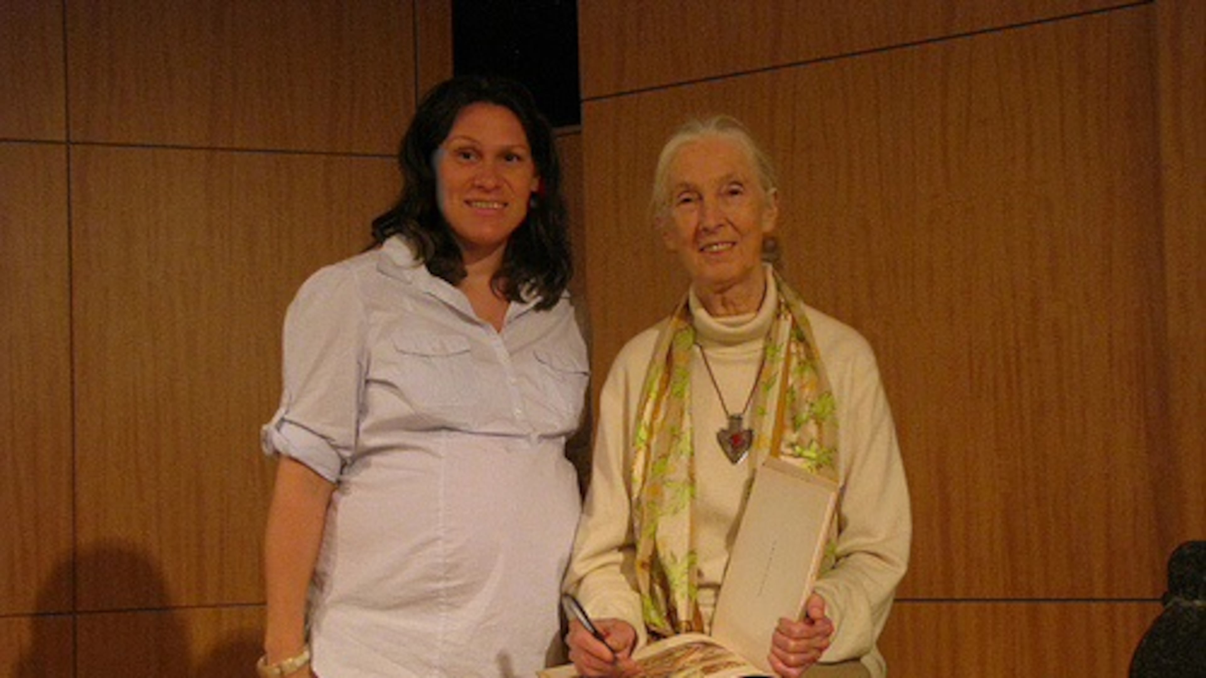 Jodi Carrigan (left), curator of primates for Zoo Atlanta, visited with renowned primatologist Jane Goodall in 2014. Though she was nearly nine months pregnant at the time, Carrigan couldn't miss the chance to meet one of the women who inspired her career in primatology. (Courtesy of Zoo Atlanta)