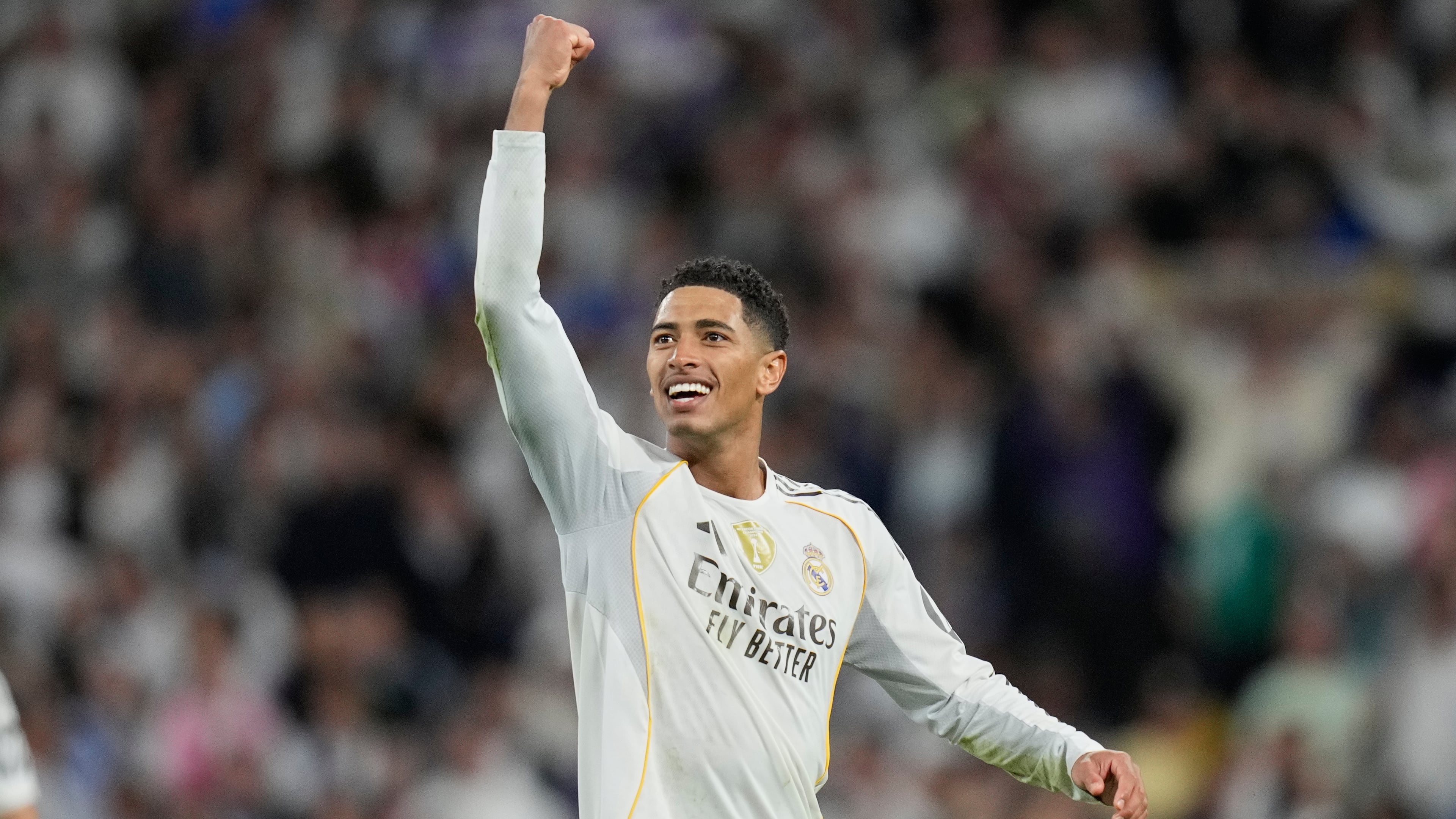 Real Madrid's Jude Bellingham reacts after a La Liga soccer match between Real Madrid and Barcelona in Madrid, Spain, Sunday, Oct. 26, 2025. (AP Photo/Bernat Armangue)