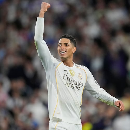 Real Madrid's Jude Bellingham reacts after a La Liga soccer match between Real Madrid and Barcelona in Madrid, Spain, Sunday, Oct. 26, 2025. (AP Photo/Bernat Armangue)