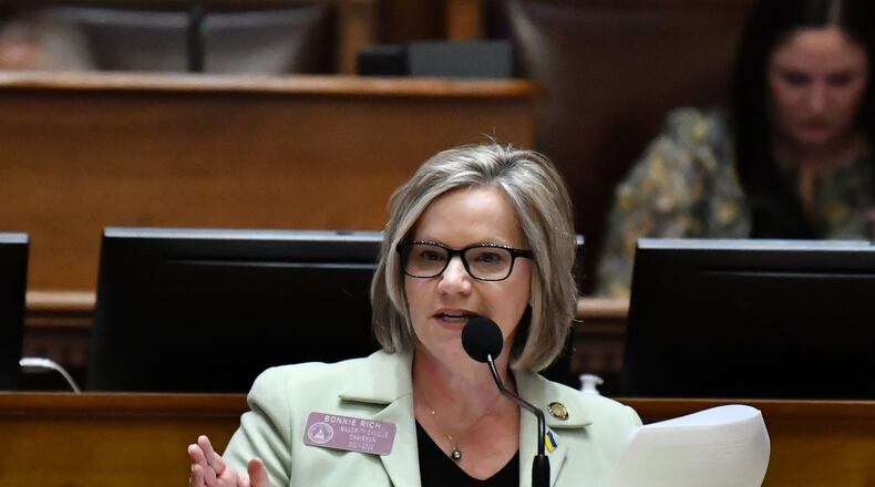 Rep. Bonnie Rich, R-Suwanee, is the sponsor in the state House of Senate Bill 345, which would ban any state or local agency, government or school from requiring anyone to get a COVID-19 vaccination. But Rich said the bill does not question the effectiveness of the vaccine. “There has not been any anti-vaccine rhetoric coming from this well. I believe you have heard from every one of us who has spoken from this well that we have received the COVID-19 vaccine,” Rich said. “They are conflating the principle of whether vaccines are good and whether the government should mandate them.” (Hyosub Shin / Hyosub.Shin@ajc.com)