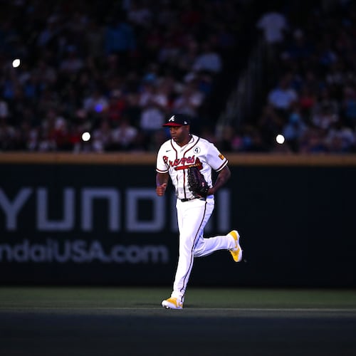 Braves pitcher Raisel Iglesias runs onto the field to pitch the ninth inning against the Blue Jays on Tuesday, June 2, 2026. Iglesias has a 1.53 ERA and 17 saves in 17 opportunities. (Hyosub Shin/AJC)