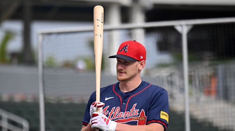 Atlanta Braves catcher Sean Murphy prepares for batting practice during spring training workouts at CoolToday Park, Saturday, February, 17, 2024, in North Port, Florida. (Hyosub Shin / Hyosub.Shin@ajc.com)
