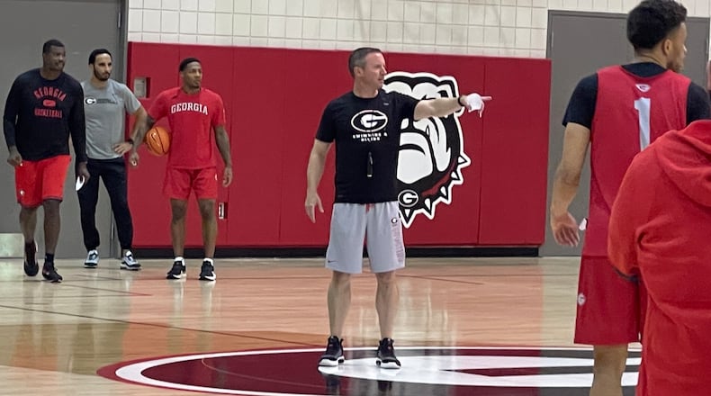 First-year Georgia basketball coach Mike White directs the Bulldogs during a practice on Wednesday, Oct. 5, 2022, at UGA's Stegeman Training Facility. (Photo by Chip Towers/ctowers@ajc.com)