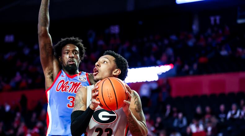 Georgia's Braelen Bridges looks for an opening against Ole Miss at Stegeman Coliseum in Athens on Saturday, Feb. 19, 2022. (Photo by Tony Walsh / Georgia Athletics)