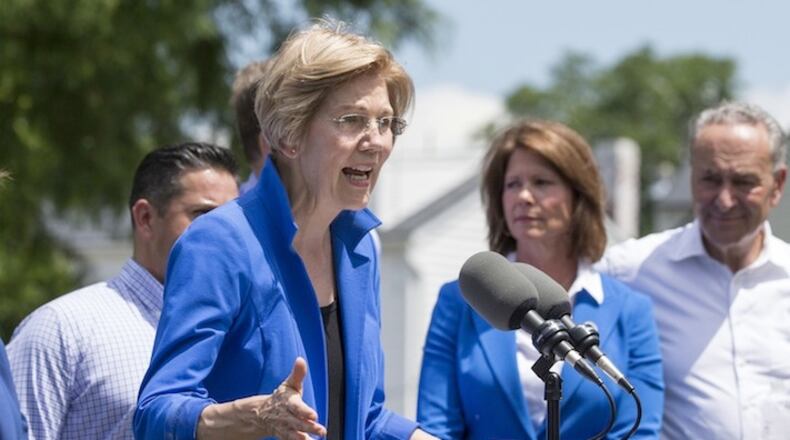 Sen. Elizabeth Warren (D-Mass.) speaks at a press conference alongside the Congressional Democratic Leadership as they introduce "A Better Deal: Better Jobs, Better Wages, Better Future," their new economic agenda, on July 24, 2017 at Rose Hill Park in Berryville, Va. (Alex Edelman/Zuma Press/TNS)
