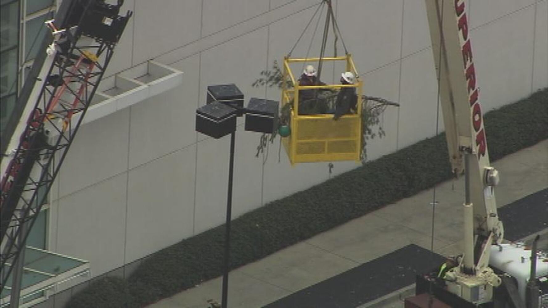 Crane buckles, leaving Christmas tree hanging off roof