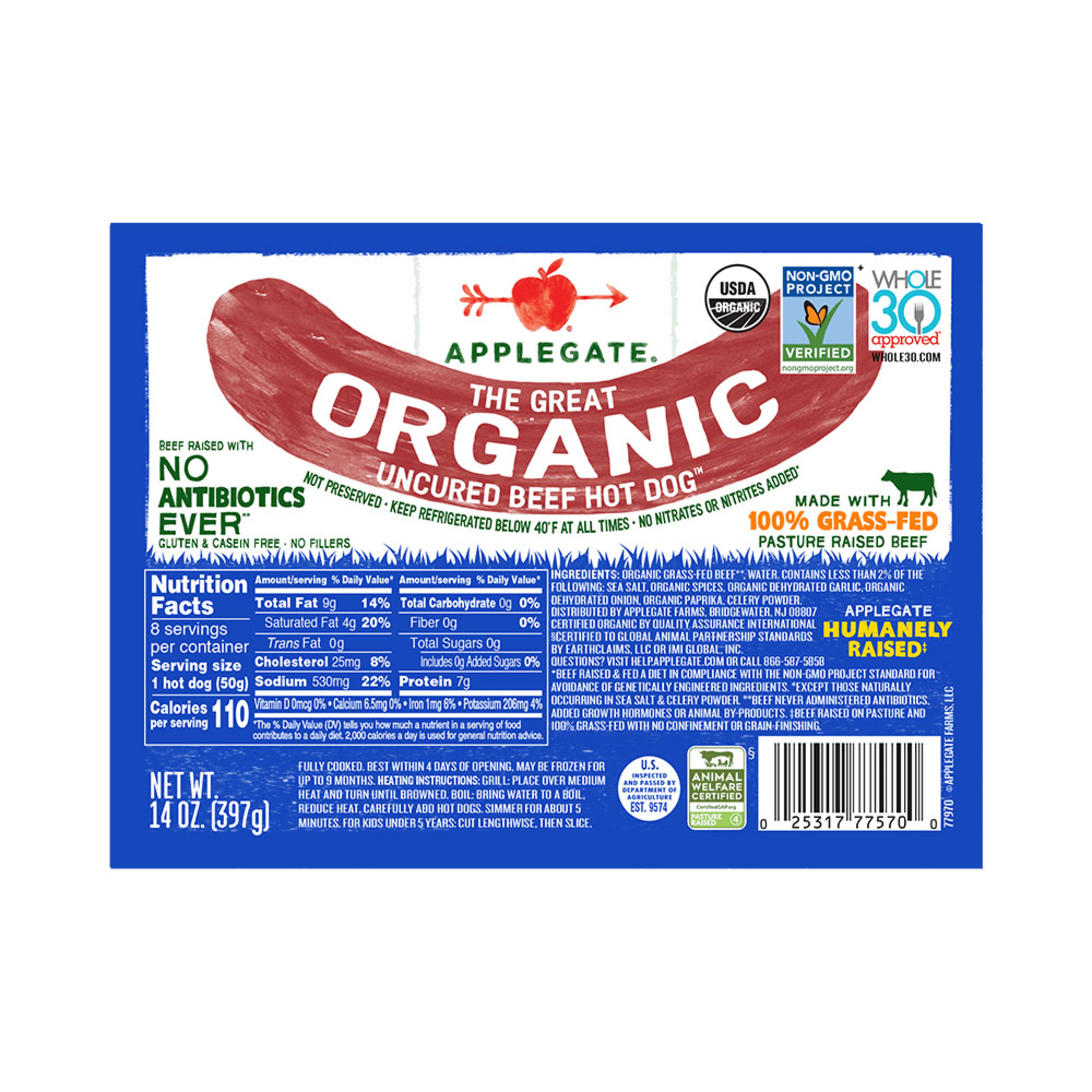 Ingredients in Applegate Organic Uncured Beef Hot Dogs include grass-fed beef, water, garlic, dehydrated onion and celery powder. (Courtesy)