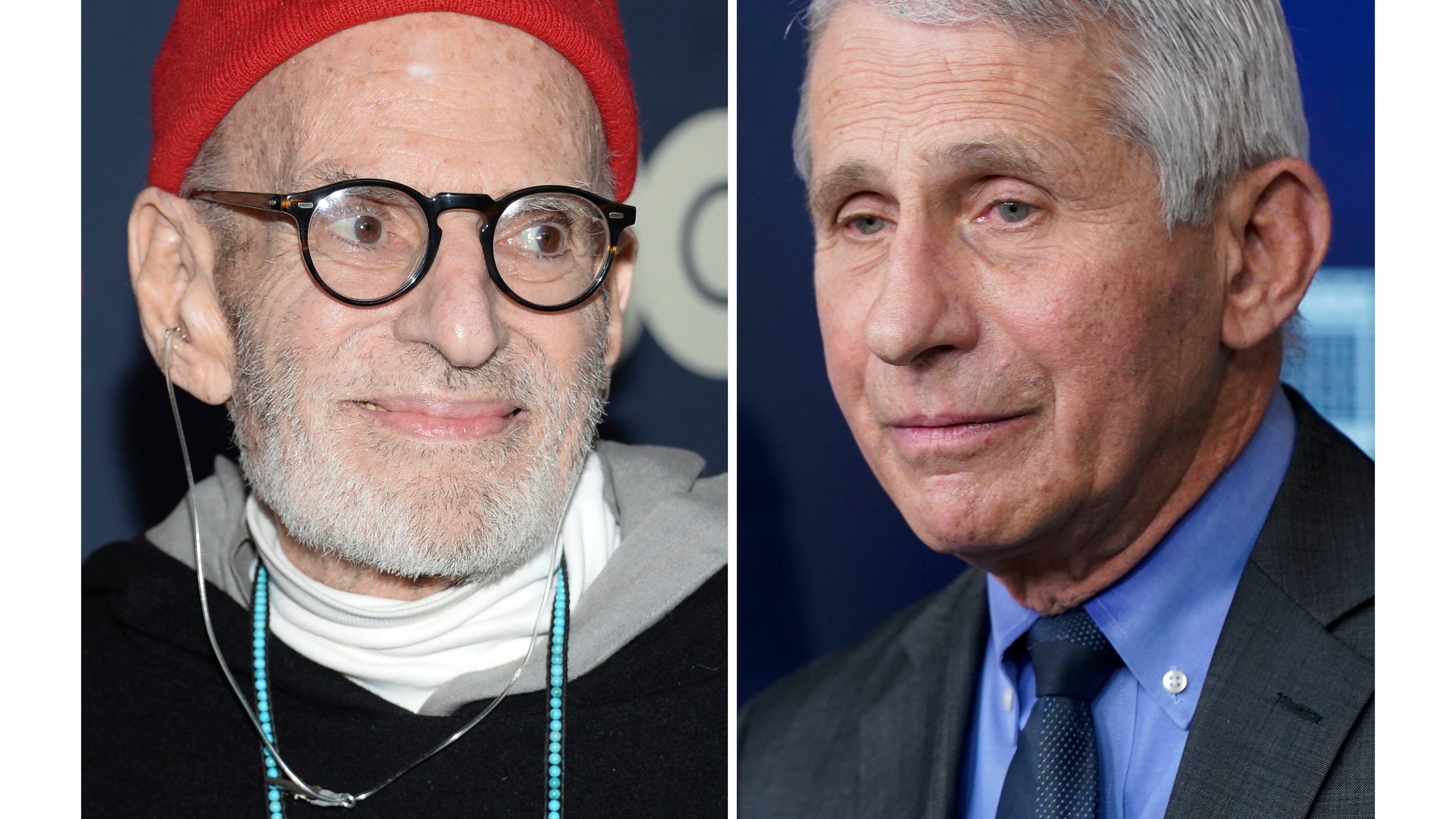 Playwright Larry Kramer appears at the premiere of HBO Films' "The Normal Heart" in New York on May 12, 2014, left, and Dr. Anthony Fauci appears during a press briefing at the White House in Washington on April 13, 2021. (AP Photo)