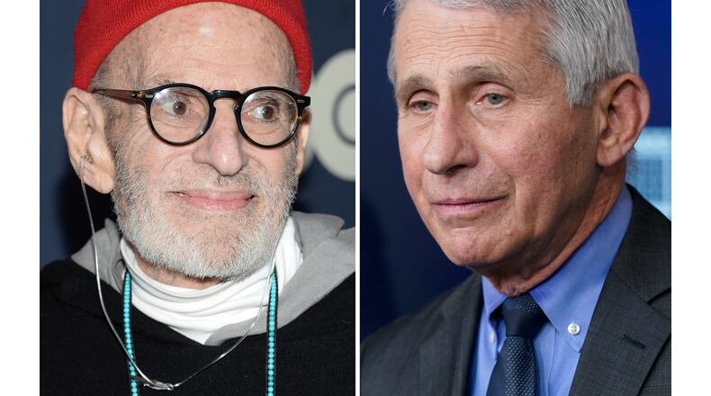 Playwright Larry Kramer appears at the premiere of HBO Films' "The Normal Heart" in New York on May 12, 2014, left, and Dr. Anthony Fauci appears during a press briefing at the White House in Washington on April 13, 2021. (AP Photo)