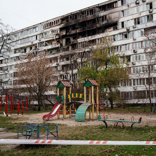 A residential building is seen heavily damaged after a Russian strike on Kyiv, Ukraine, on Tuesday, Nov. 25, 2025. (AP Photo/Evgeniy Maloletka)
