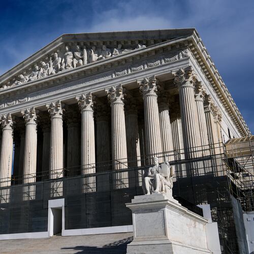 The Supreme Court is seen during oral arguments over state laws barring transgender girls and women from playing on school athletic teams, Tuesday, Jan. 13, 2026, in Washington. (AP Photo/Julia Demaree Nikhinson)